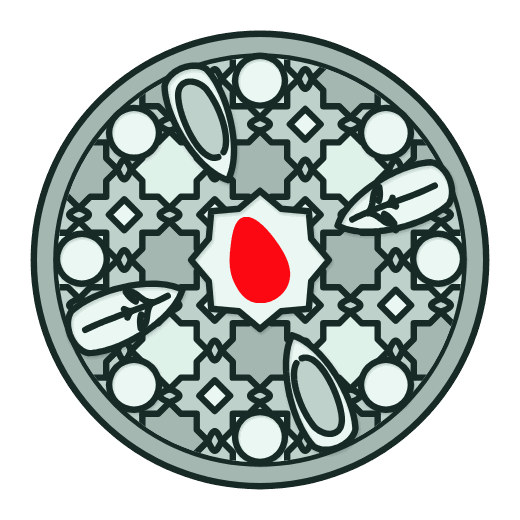 The Soufra AI logo: a round table seen from above, laid with a patterned cloth and small dishes around a single red pine nut.